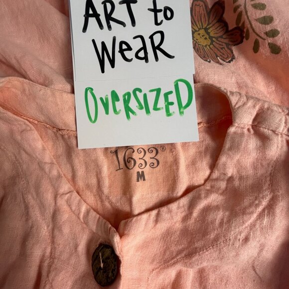 1633 Womens Hand Painted Floral Art To Wear Oversized Tunic Blouse Medium Peach - Picture 3 of 7